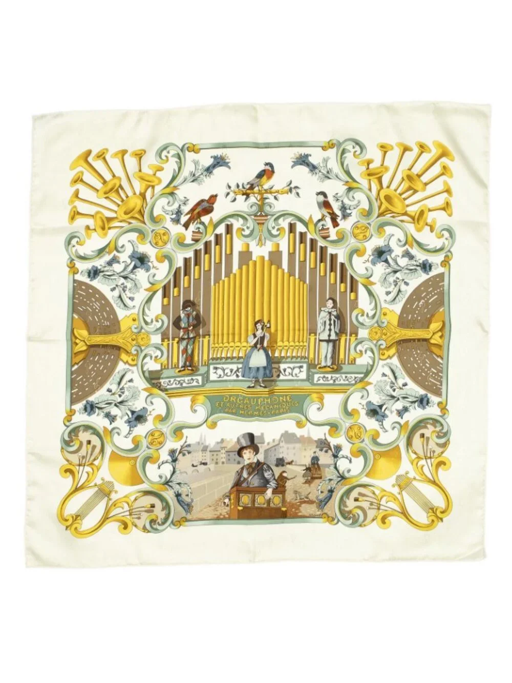 ★SOLD★ Hermes Scarf Beige Gold Green 100% Jacquard Silk - Picture 2 of 5